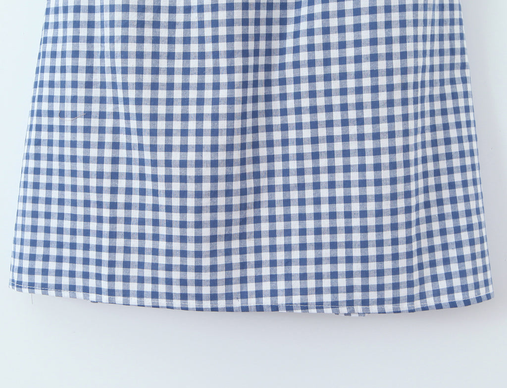 Robe courte cintrée à carreaux français pour femme, mignonne et mignonne, avec nœud papillon et bretelles dos nu, épaules dénudées et taille cintrée.