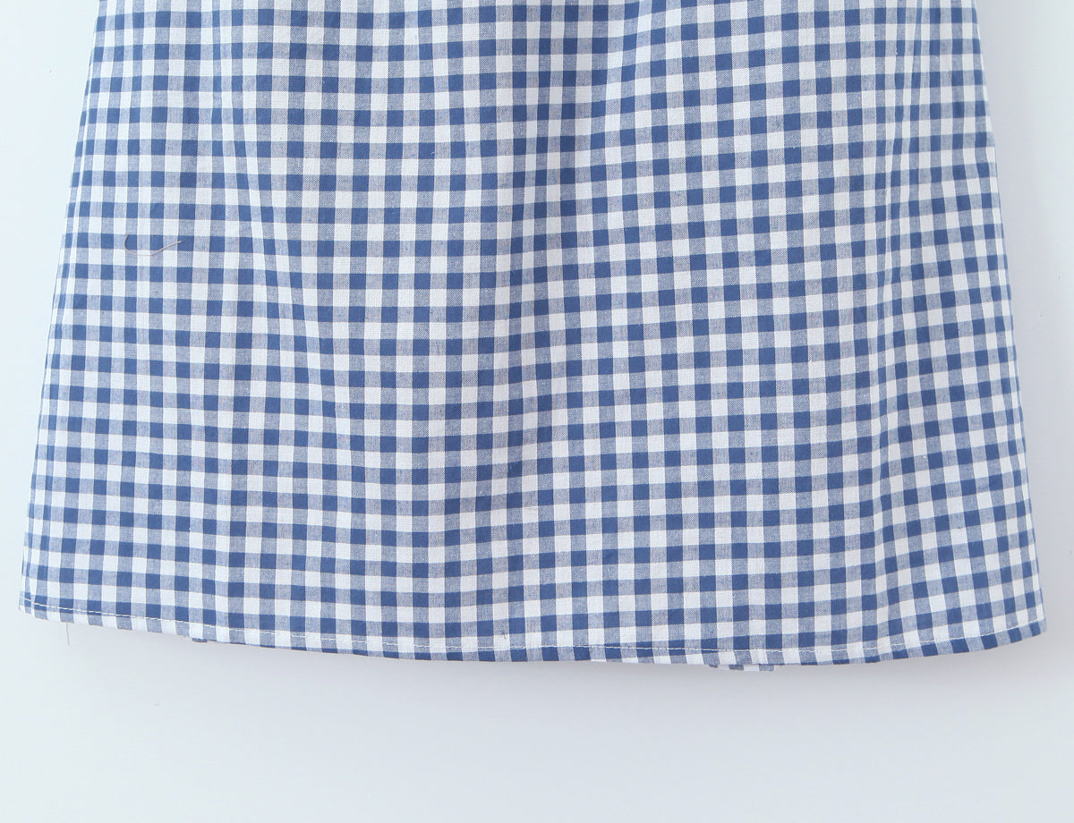 Robe courte cintrée à carreaux français pour femme, mignonne et mignonne, avec nœud papillon et bretelles dos nu, épaules dénudées et taille cintrée.