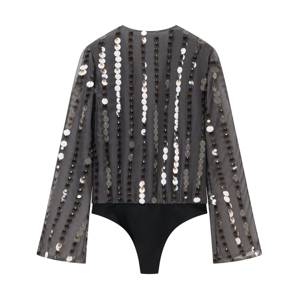 Combinaison de printemps pour femme, manches longues, col en V, ornée de perles