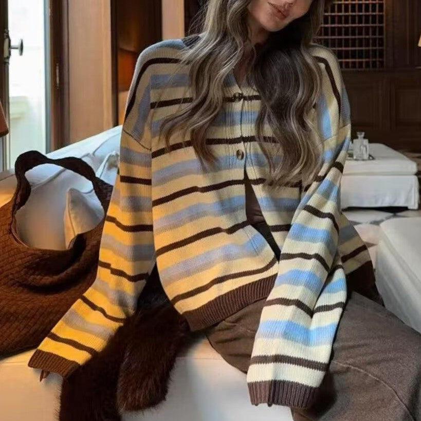 Pull ample à col rond et manches longues, rayé de couleur contrastée, en maille décontractée pour femme