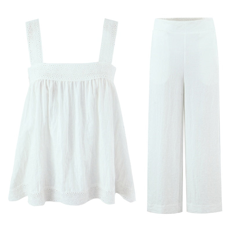 Ensemble chemise sans manches et pantalon en dentelle blanche pour femme, style été, style français, jambes larges