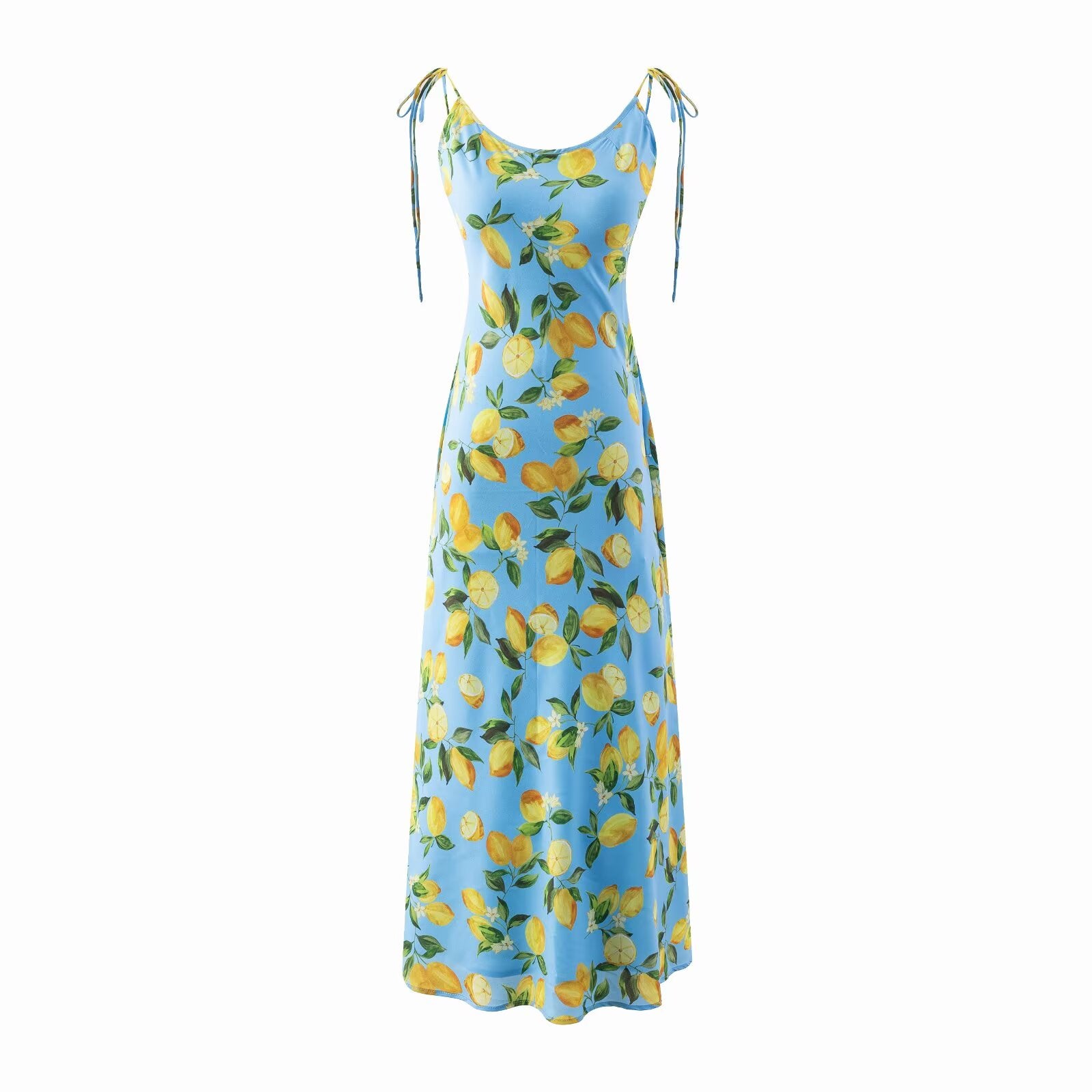 Spring Big U Neck Sweet Lemon Printing Chic Sleeveless Mid-Length Lace up Dress