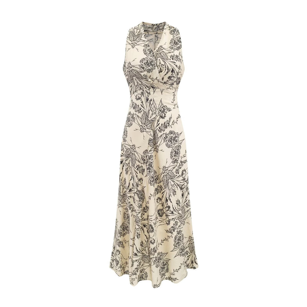 Elegante vestido de verano con escote en V cruzado, sin mangas, estampado, cintura controlada, con cordones, corte ajustado, para vacaciones, chaleco