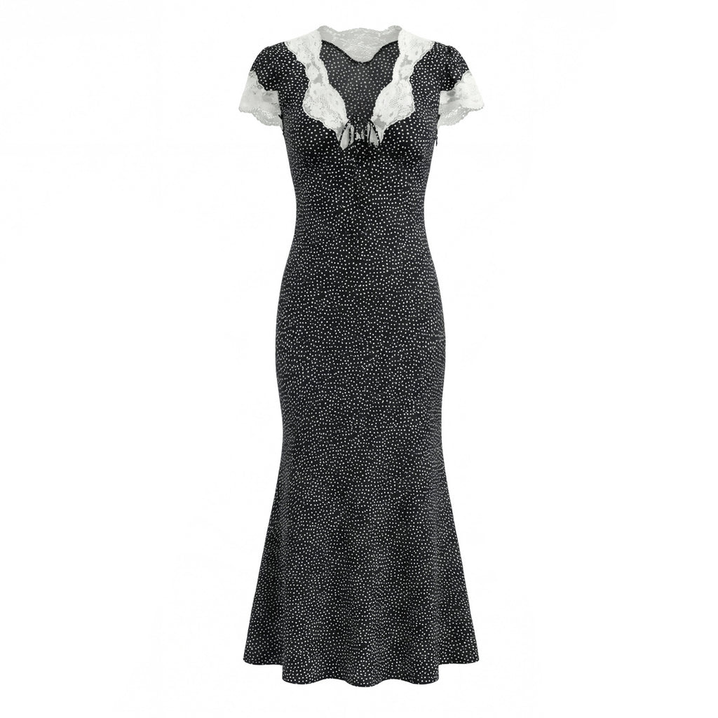 French Retro Beautiful Seaside Vacation Maxi Dress Lace Stitching Polka Dot Elegant Graceful Dress