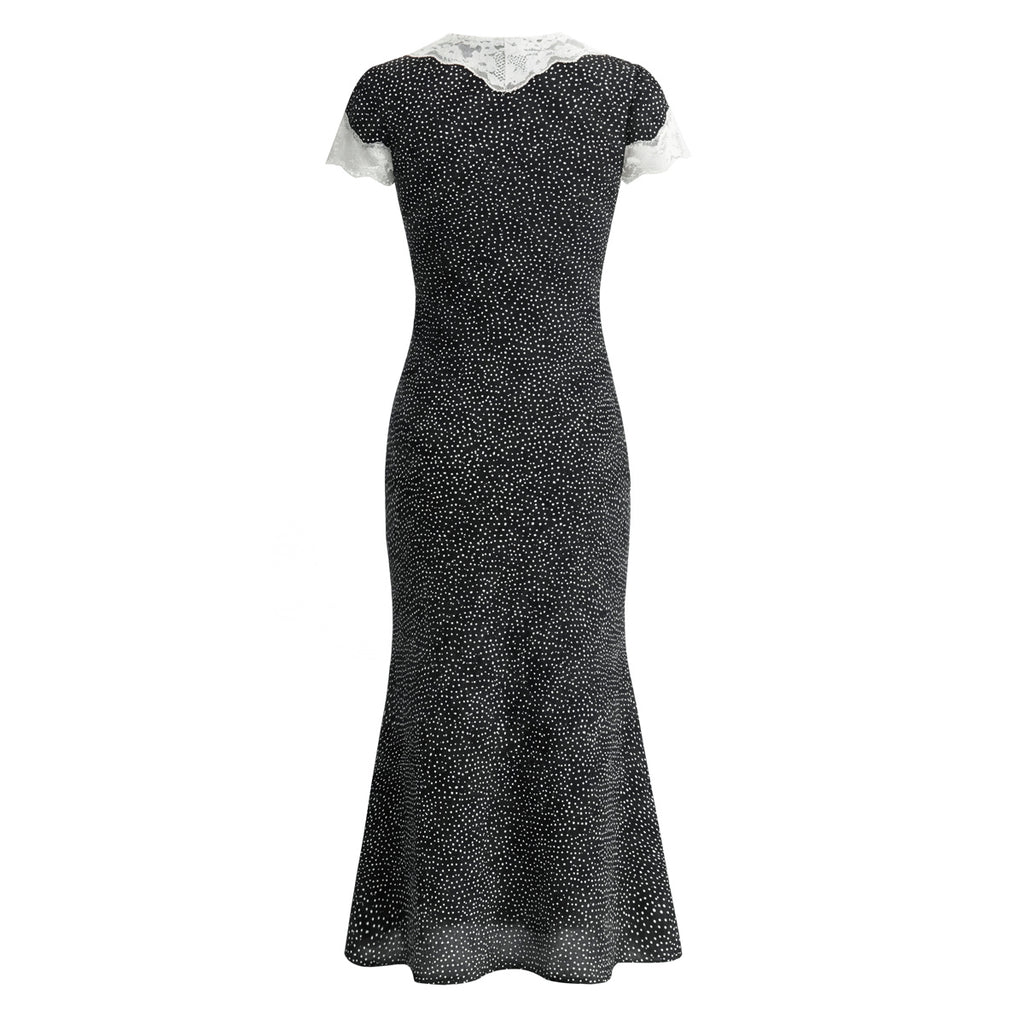 French Retro Beautiful Seaside Vacation Maxi Dress Lace Stitching Polka Dot Elegant Graceful Dress