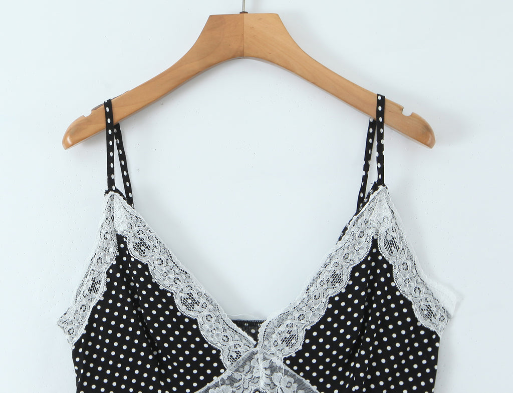 French Polka Dot Brace Maxi Dress Retro Sexy Slim V neck Lace Stitching Dress for Women Early Spring