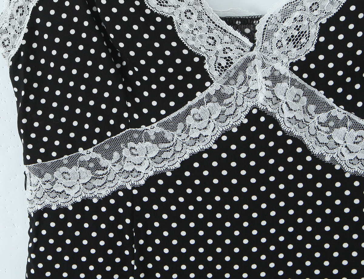 French Polka Dot Brace Maxi Dress Retro Sexy Slim V neck Lace Stitching Dress for Women Early Spring