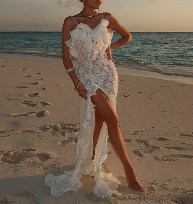 Women Clothing Autumn Sexy V neck Backless Wave Organ Ruffled Spaghetti Straps Dress