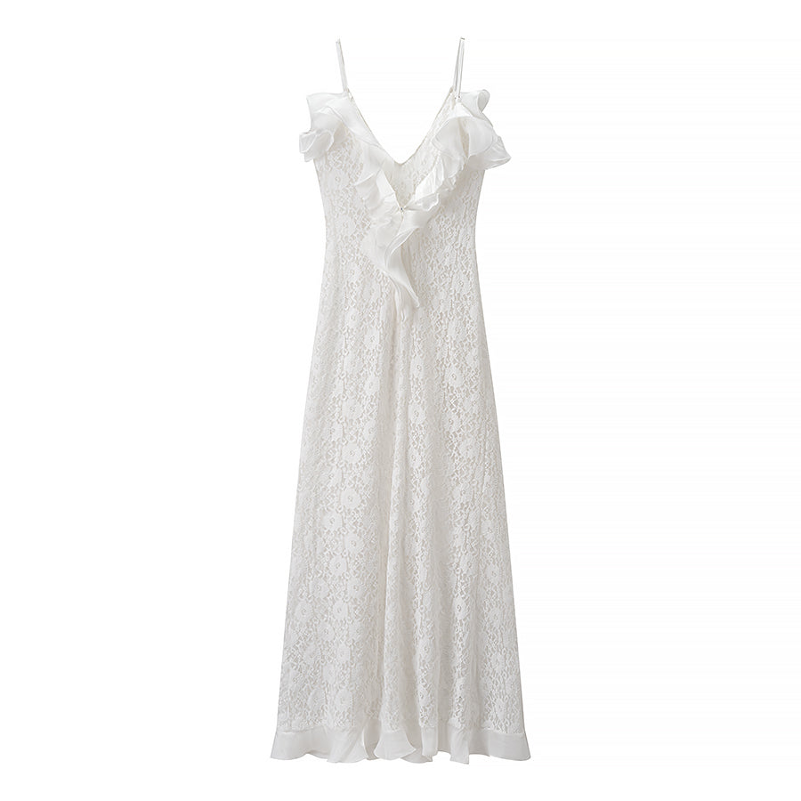 Women Clothing Autumn Sexy V neck Backless Wave Organ Ruffled Spaghetti Straps Dress