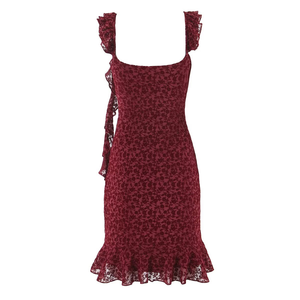 Sexy Cute Deep V Plunge neck Bow Flocked Printed Tight Waist A line Dress Ruffled Sexy Dress