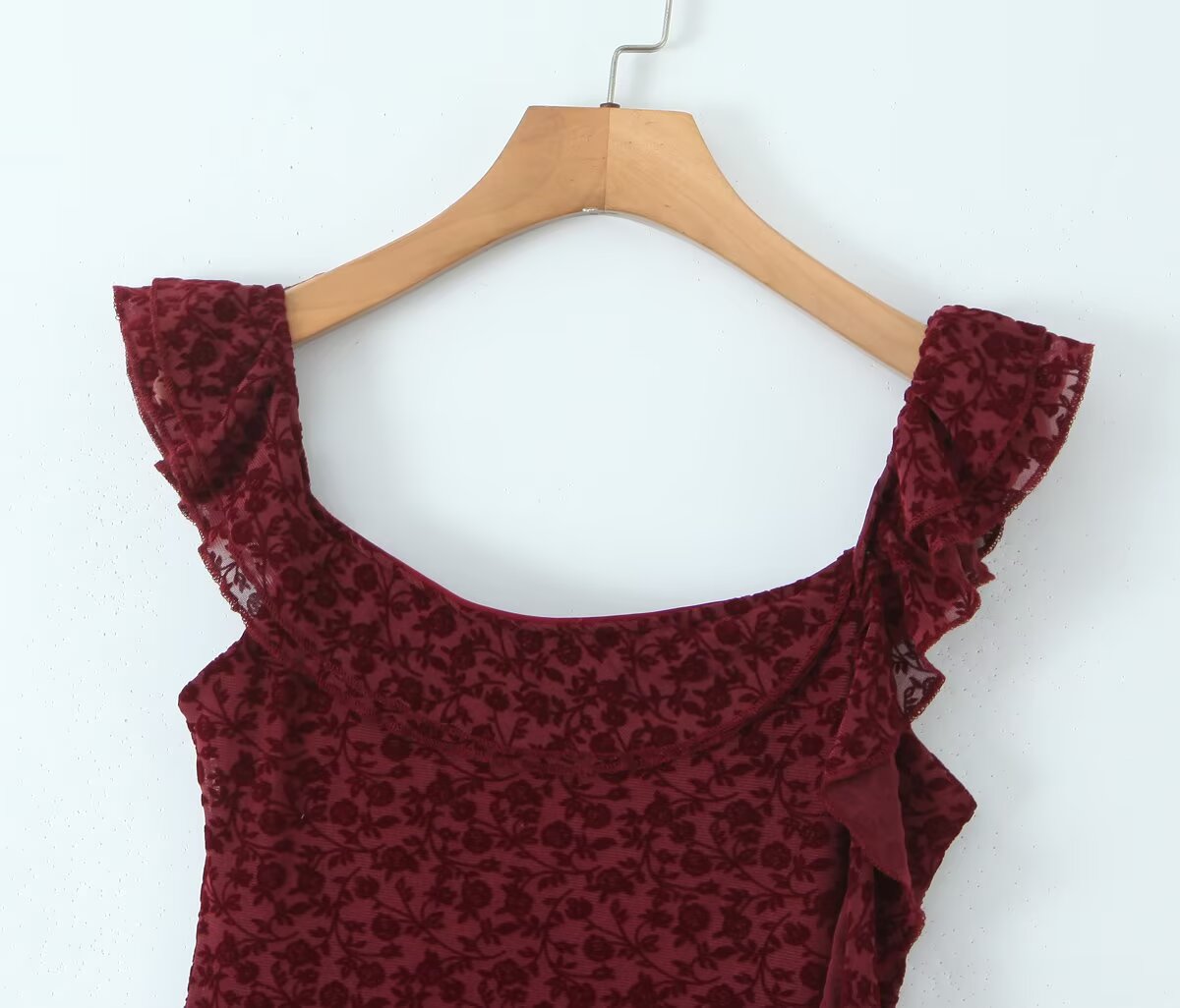 Sexy Cute Deep V Plunge neck Bow Flocked Printed Tight Waist A line Dress Ruffled Sexy Dress