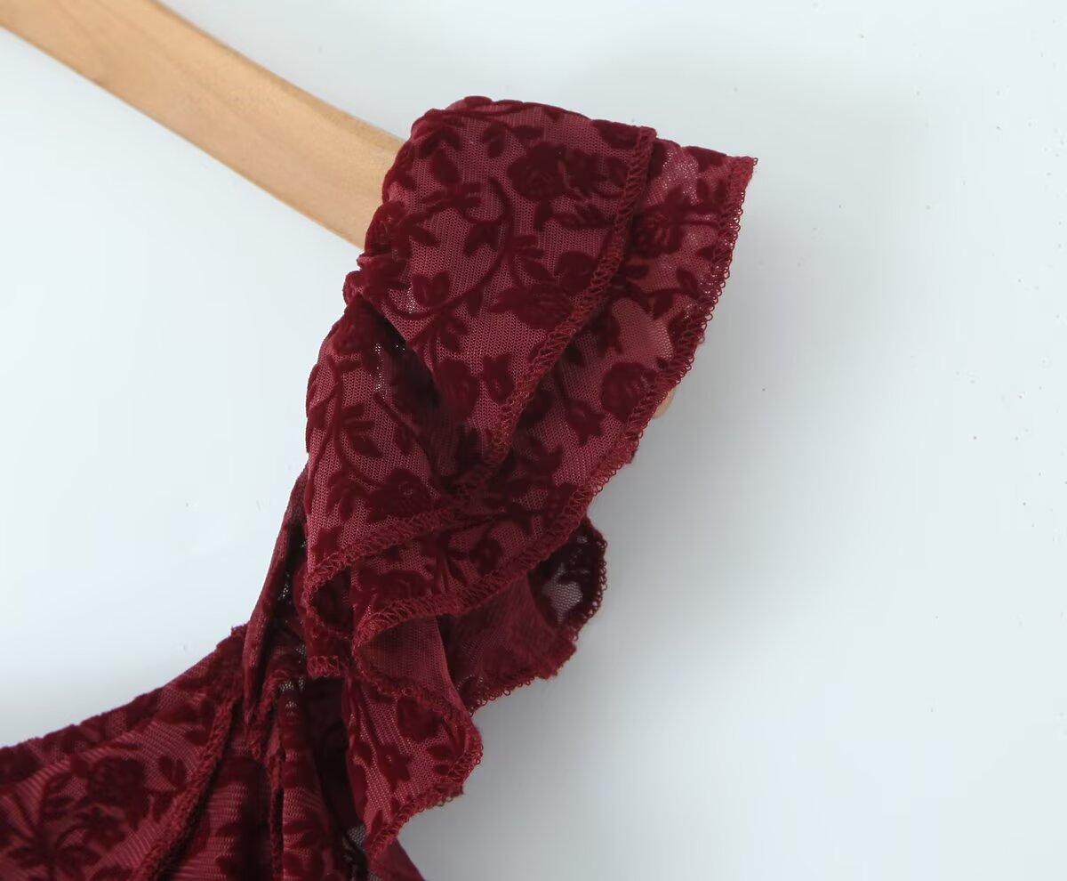 Sexy Cute Deep V Plunge neck Bow Flocked Printed Tight Waist A line Dress Ruffled Sexy Dress