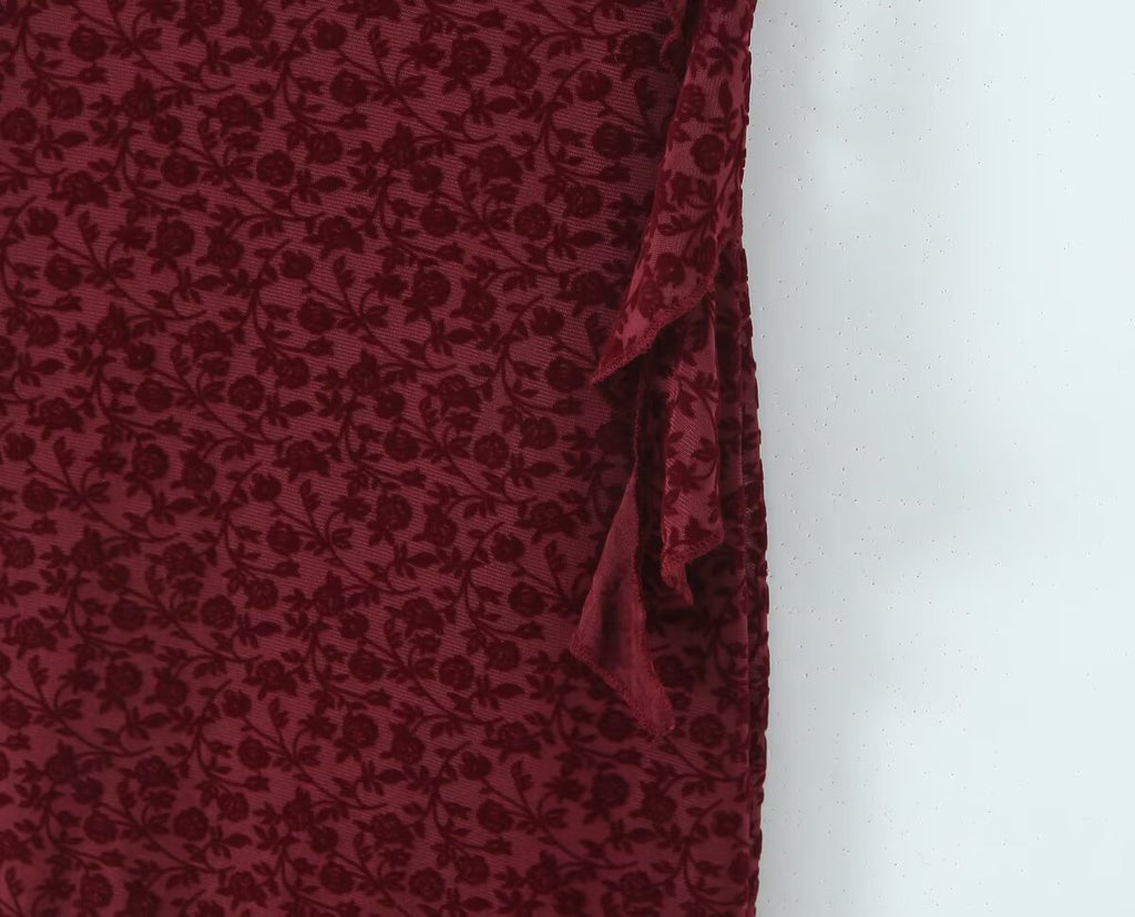 Sexy Cute Deep V Plunge neck Bow Flocked Printed Tight Waist A line Dress Ruffled Sexy Dress