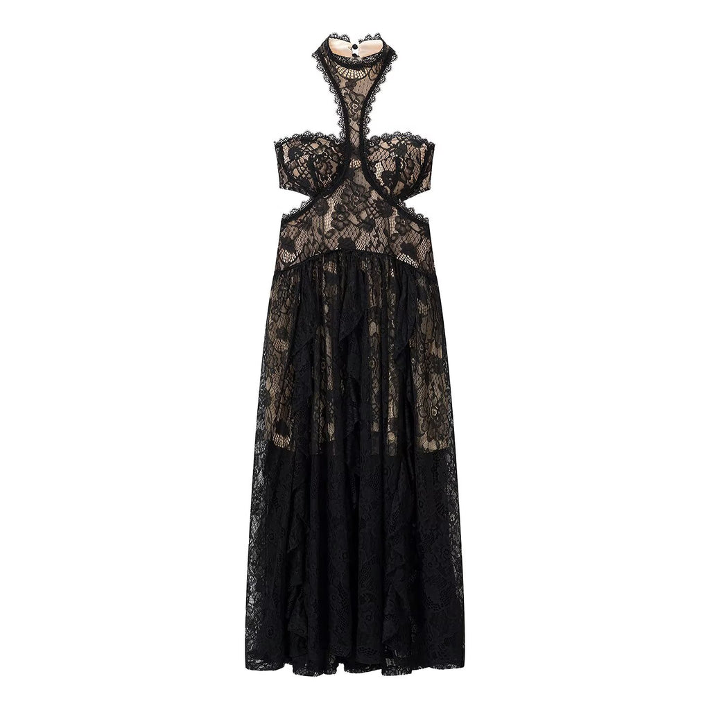 Lace Embroidered Silk Lace Tulle Backless French Halter Dress Women Summer Vacation Lightweight Dress
