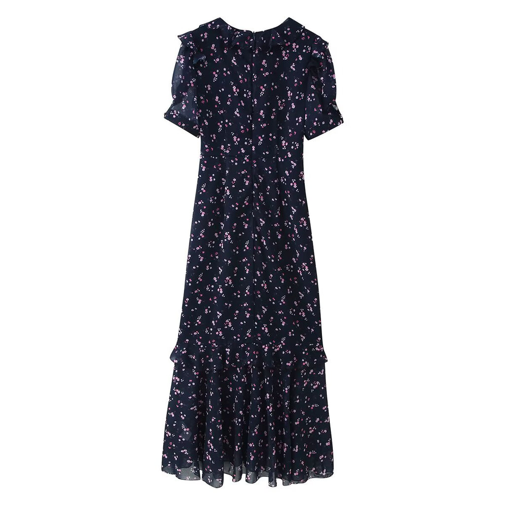 Spring Women Breasted Ruffled Collar Chiffon Split Dress