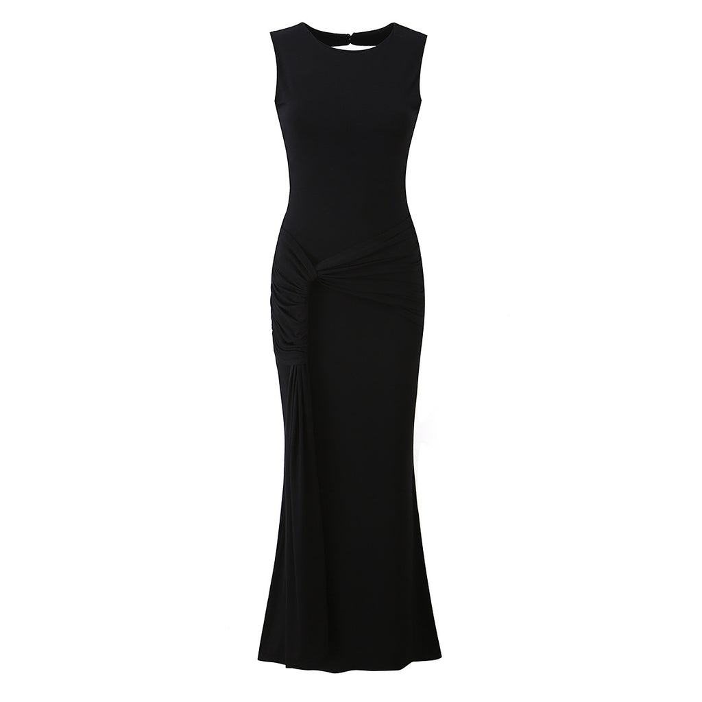 Women Clothing Summer Irregular Asymmetric Slim Fit Ruched round Neck Sleeveless Dress