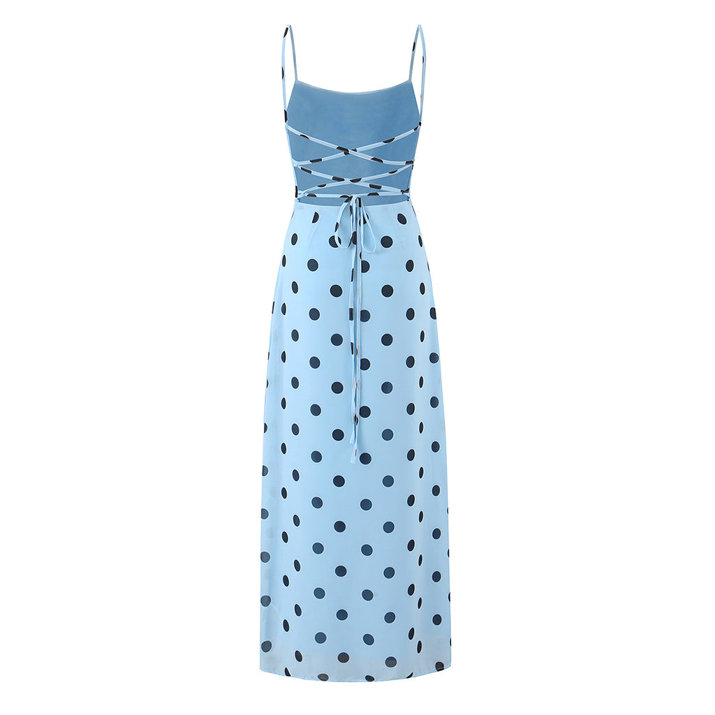 Gentle Elegant Pink Polka Dot Brace Dress Women Vintage Backless Lace up Design Tight Waist Maxi Dress