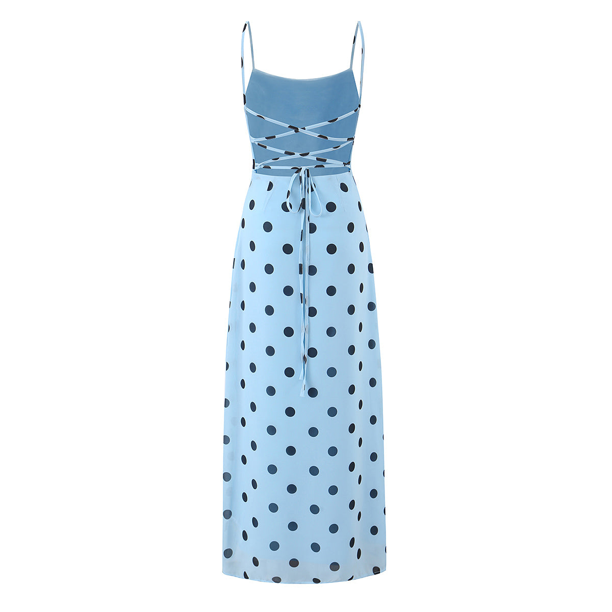 Gentle Elegant Pink Polka Dot Brace Dress Women Vintage Backless Lace up Design Tight Waist Maxi Dress