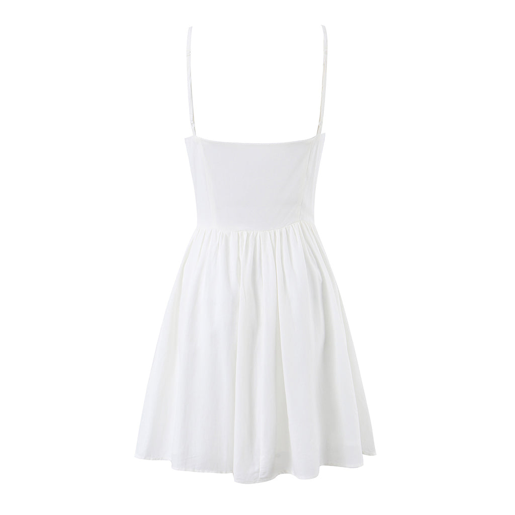 Summer Women Clothing French Elegant Sweet V neck Fitted Waist Pleated Design Solid Color Strap Dress