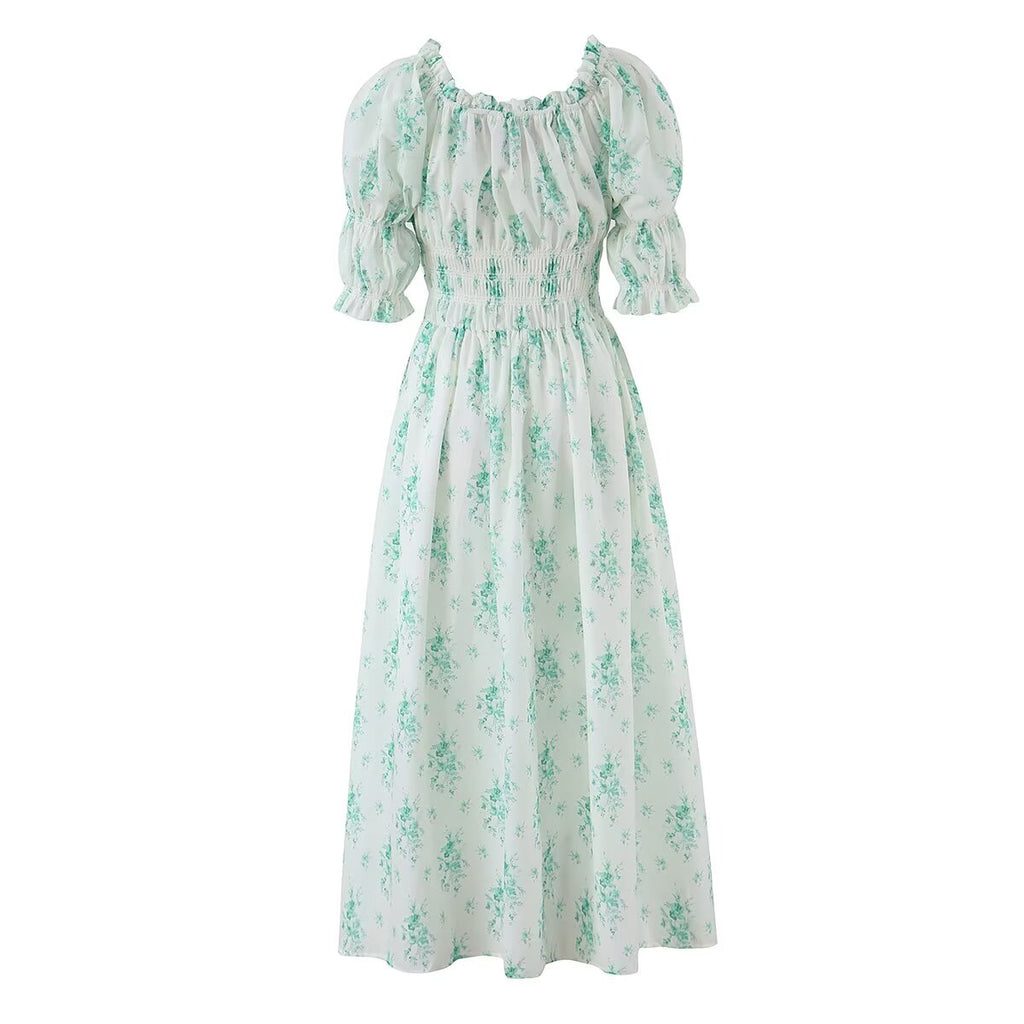 Summer Small Floral Drawstring Lace Scoop Smocking Tight Waist Dress