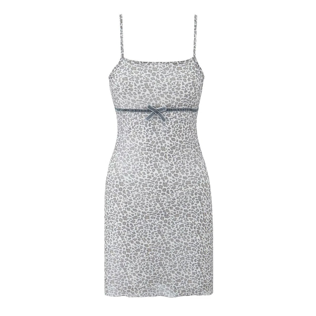 Spring Women French Leopard Bow Mesh Square Collar Suspenders Short Dress