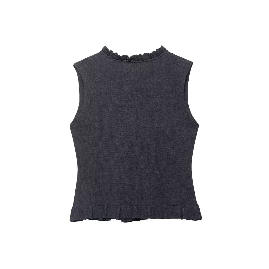 Women Clothing Summer Laminated Decoration Soft round Neck Sleeveless Knitwear