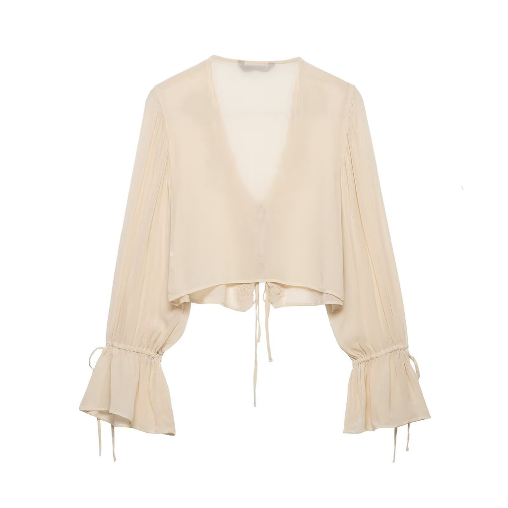 Women Clothing Summer Long Sleeve V neck Lace up Embroidered Shirt Top Women