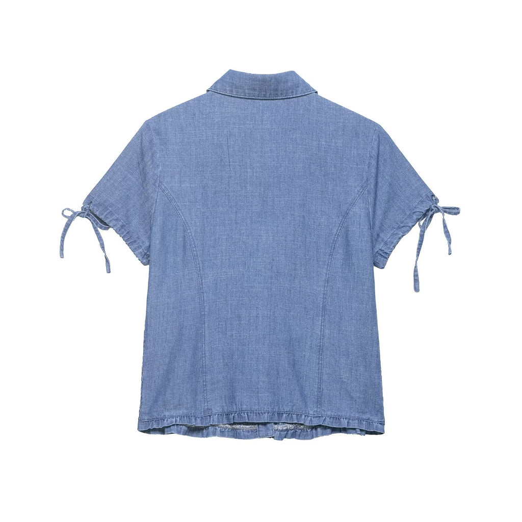 Women Clothing Summer Slim Fit Short Sleeved Collared Honeycomb Denim Shirt Women
