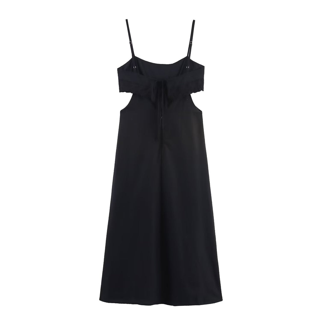 Elegant Black Slim Fit Slimming Lace Stitching Side Waist Split Sling Dress