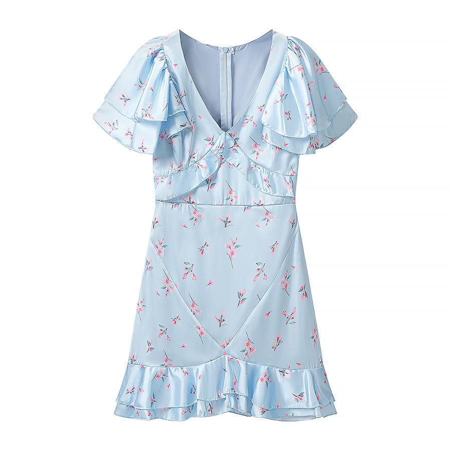 Summer Women Clothing Floral Flounce Socialite V neck Satin Short Sleeve Waist Controlled Dress