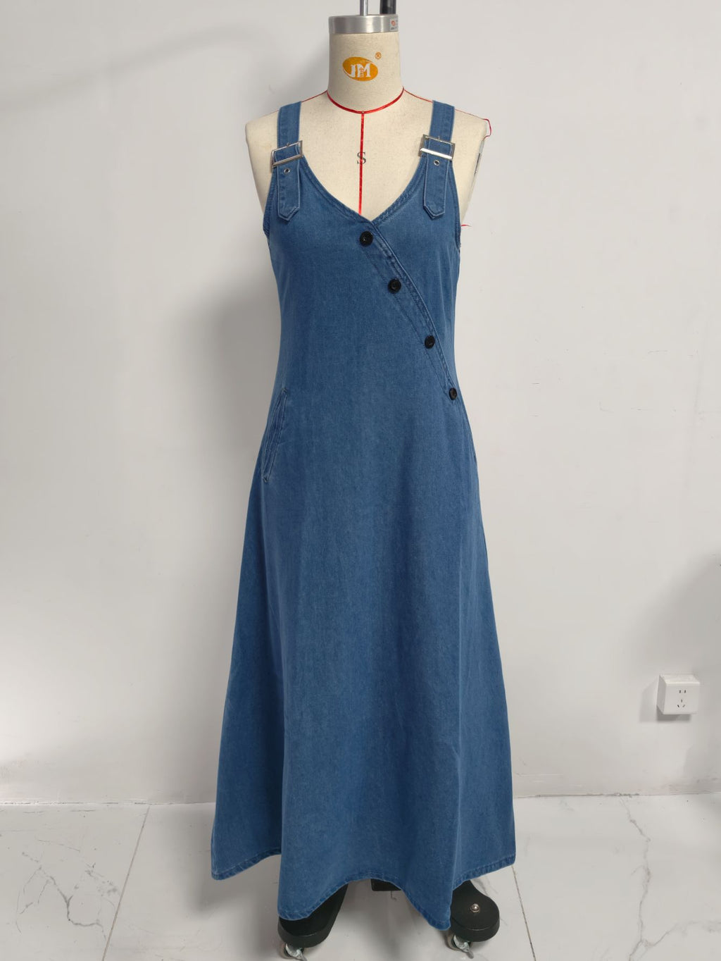 Washed V neck Oblique Buckle Denim Brace Maxi Dress Women Loose Slimming Denim Dress