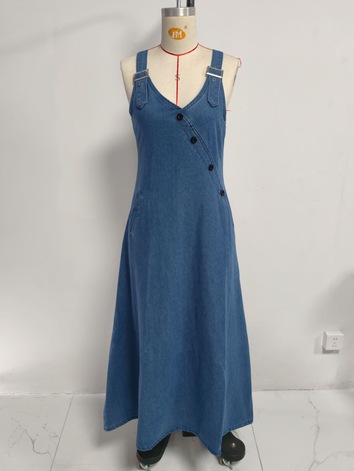 Washed V neck Oblique Buckle Denim Brace Maxi Dress Women Loose Slimming Denim Dress