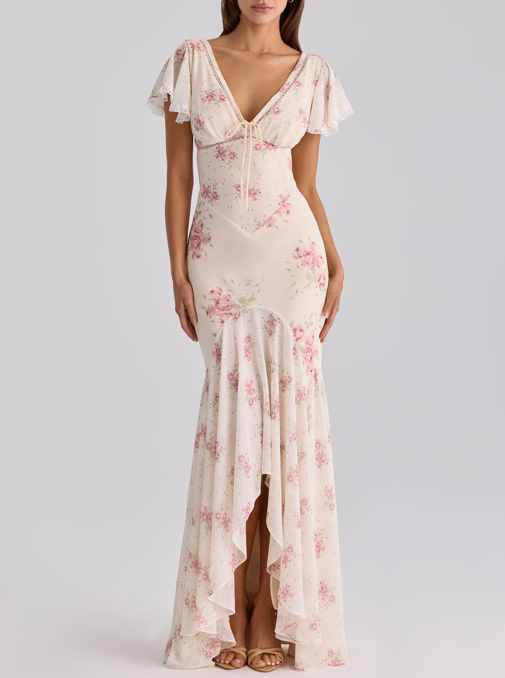 Women Clothing French Elegant Floral Irregular Asymmetric Cinched Slimming Fishtail Sheath Maxi Dress