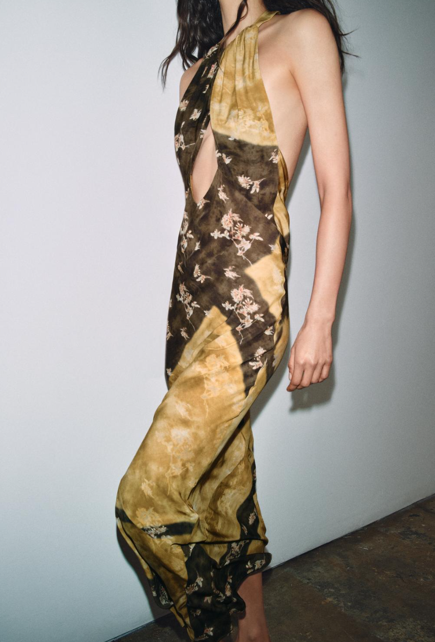 Women Elegant Slim Backless Sleeveless Printed Hanging Collar Dress