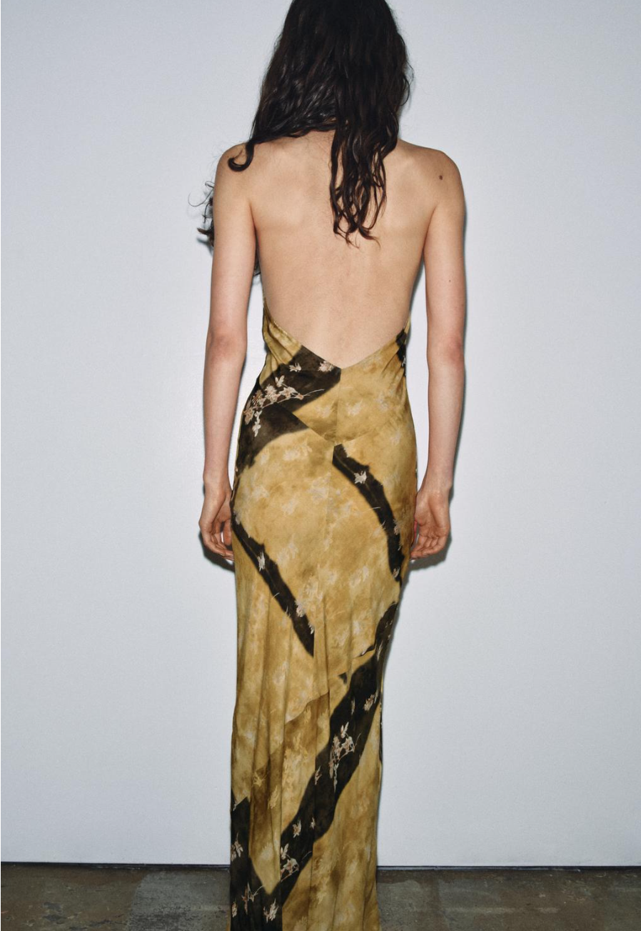 Women Elegant Slim Backless Sleeveless Printed Hanging Collar Dress