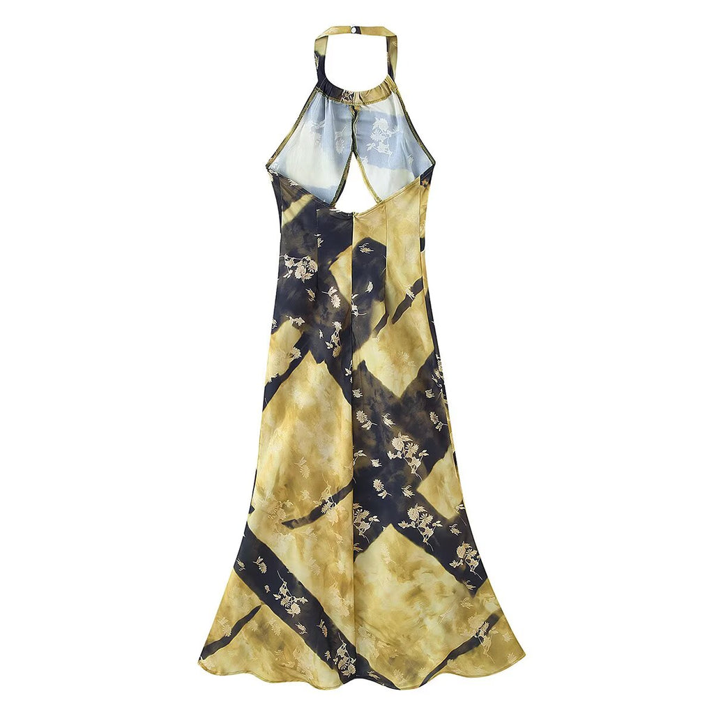 Women Elegant Slim Backless Sleeveless Printed Hanging Collar Dress
