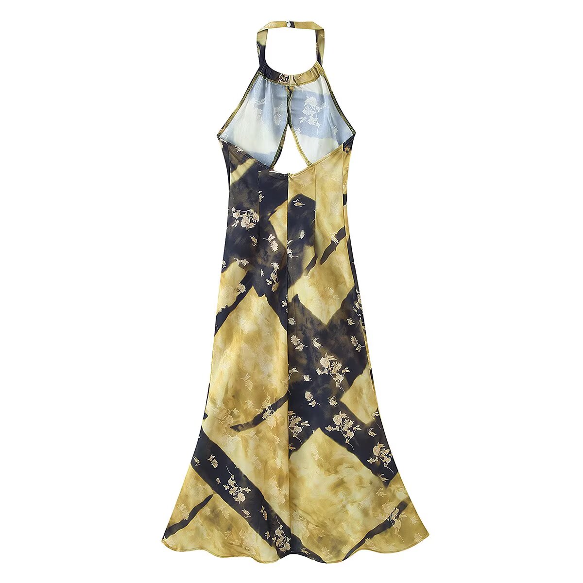 Women Elegant Slim Backless Sleeveless Printed Hanging Collar Dress