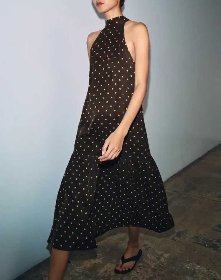 Women Clothing Summer Loose Polka Dot off the Shoulder Hanging Collar Dress