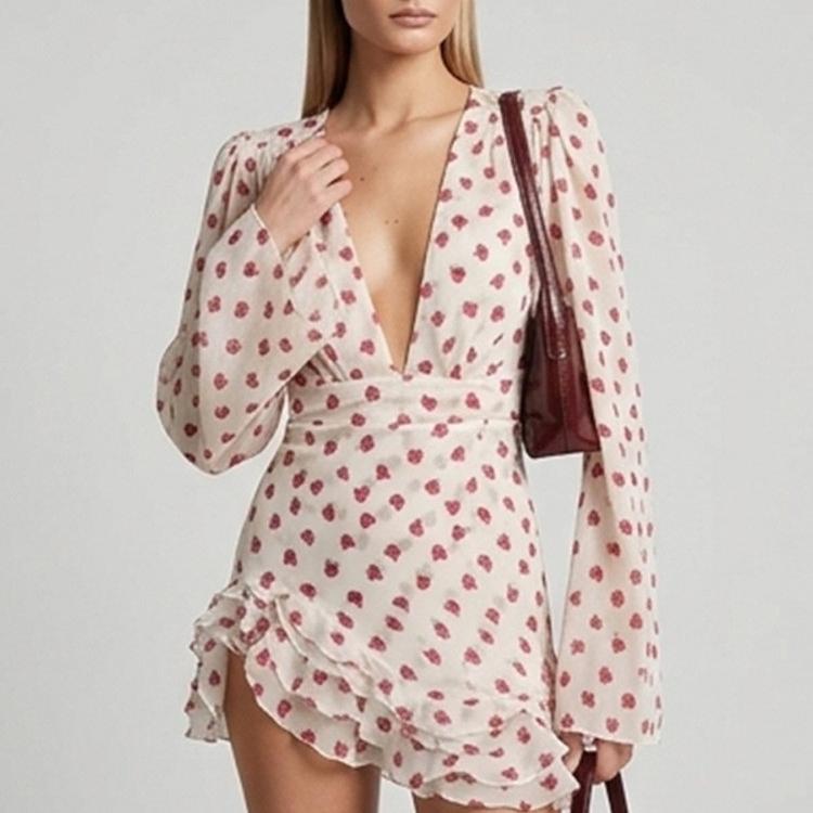 Printed Long Sleeve Design Deep V Plunge neck Waist Controlled Slimming Short Dress