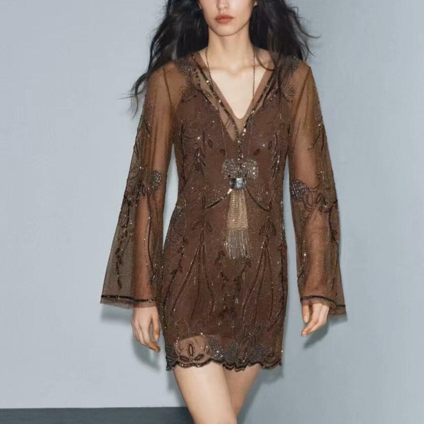 Women Slimming Slip Dress Two Piece V neck Long Sleeve Embroidered Sequ Dress
