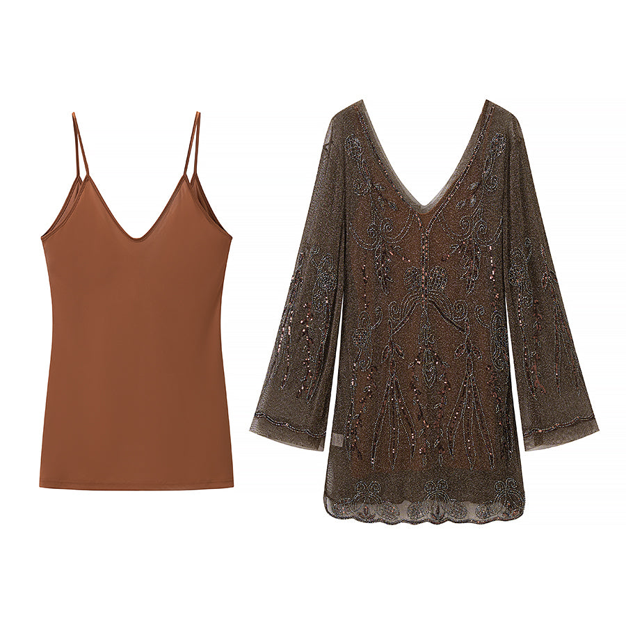 Women Slimming Slip Dress Two Piece V neck Long Sleeve Embroidered Sequ Dress