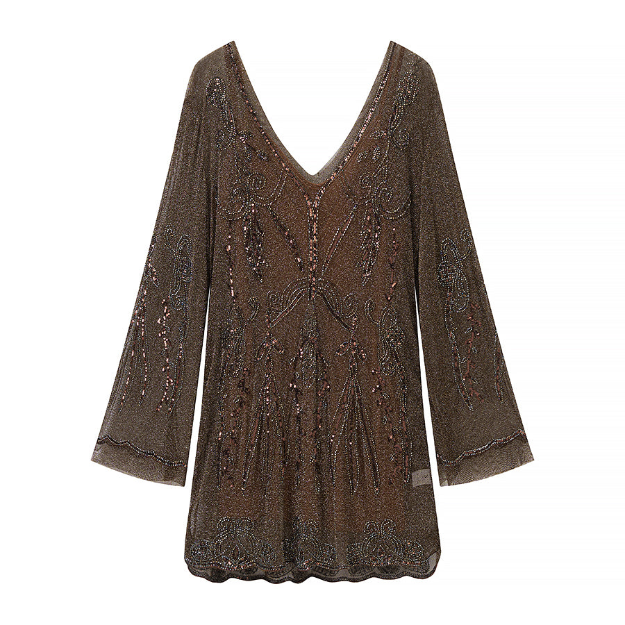 Women Slimming Slip Dress Two Piece V neck Long Sleeve Embroidered Sequ Dress