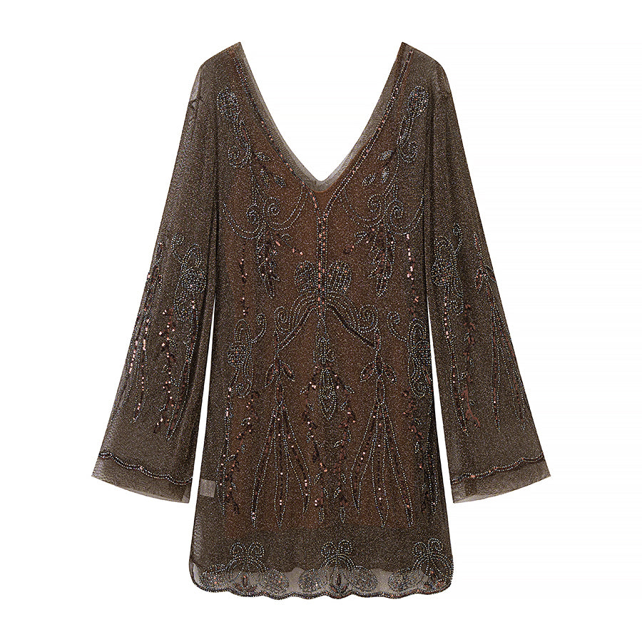 Women Slimming Slip Dress Two Piece V neck Long Sleeve Embroidered Sequ Dress