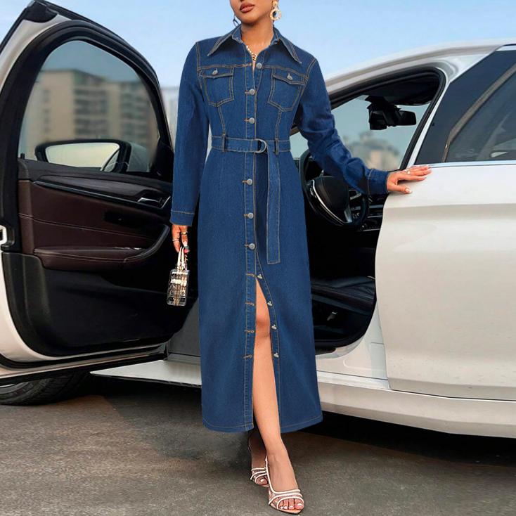 Women Clothing Denim Collared Cardigan Button Long Sleeve Long Coat Dress