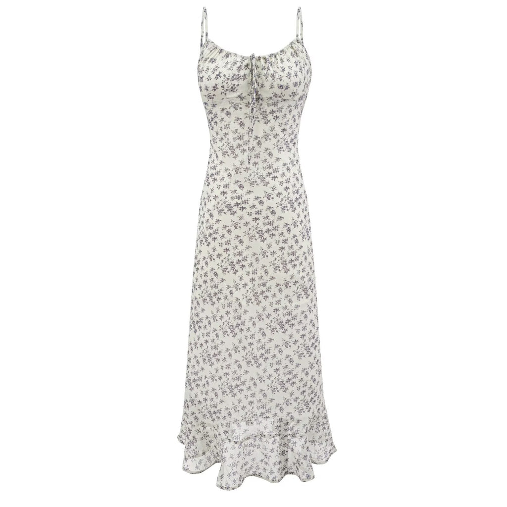 Summer Retro Vacation Printed Maxi Dress Ruffled Design Slim Strap Dress