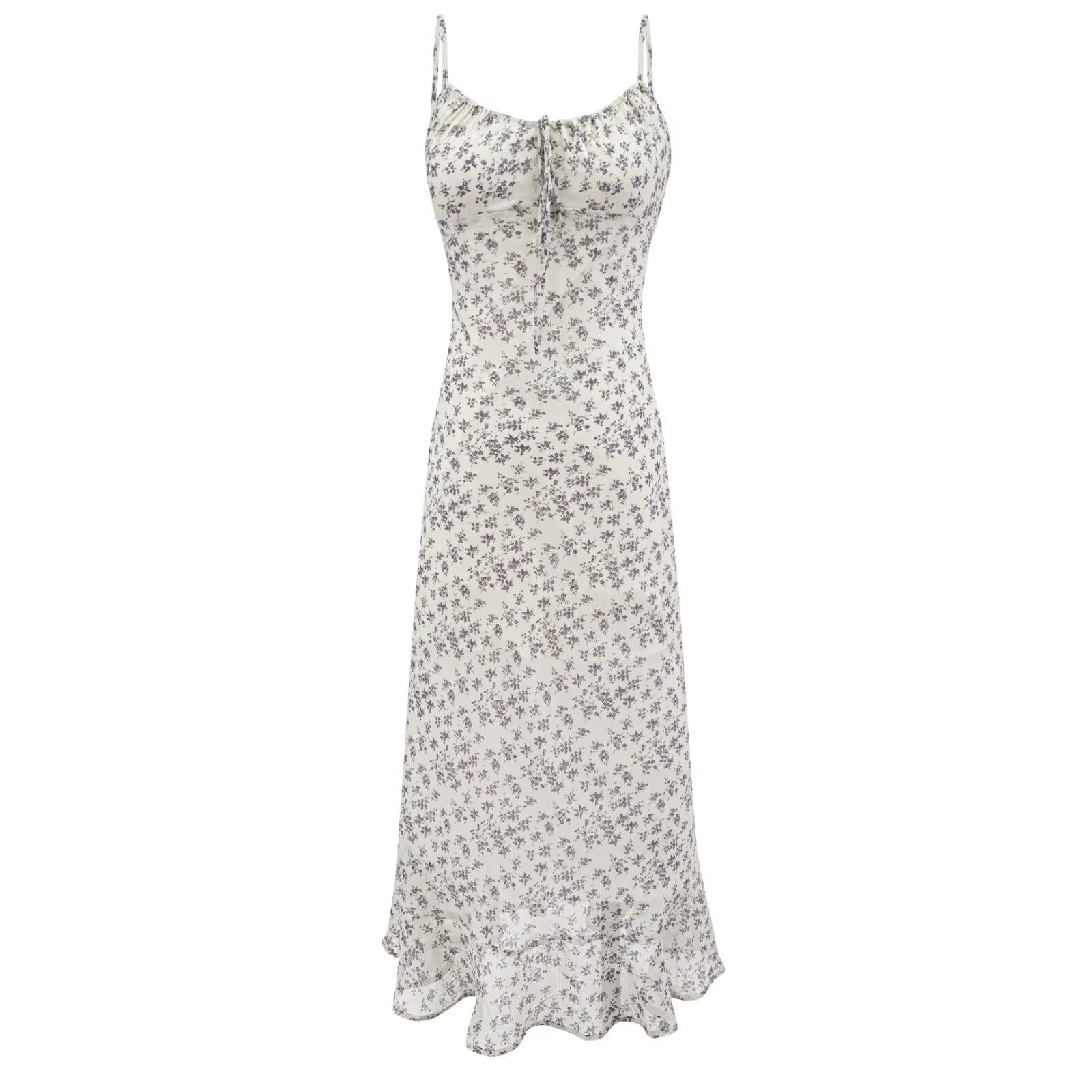 Summer Retro Vacation Printed Maxi Dress Ruffled Design Slim Strap Dress