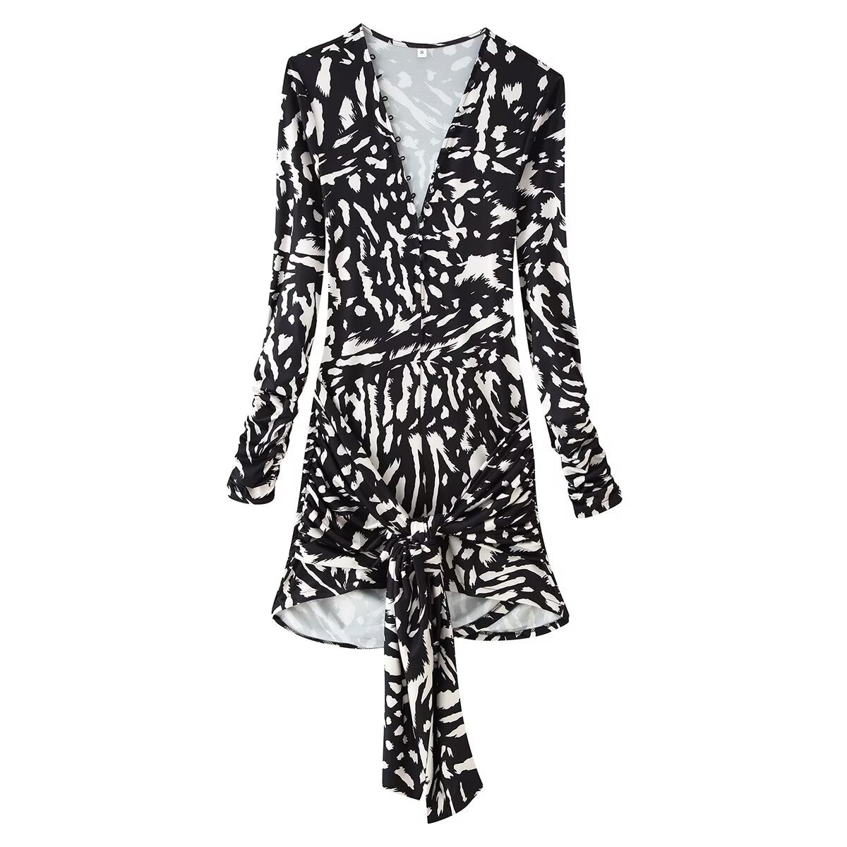 Zebra Print Tassel V neck Long Sleeve Short Dress Summer Women Waist Dress