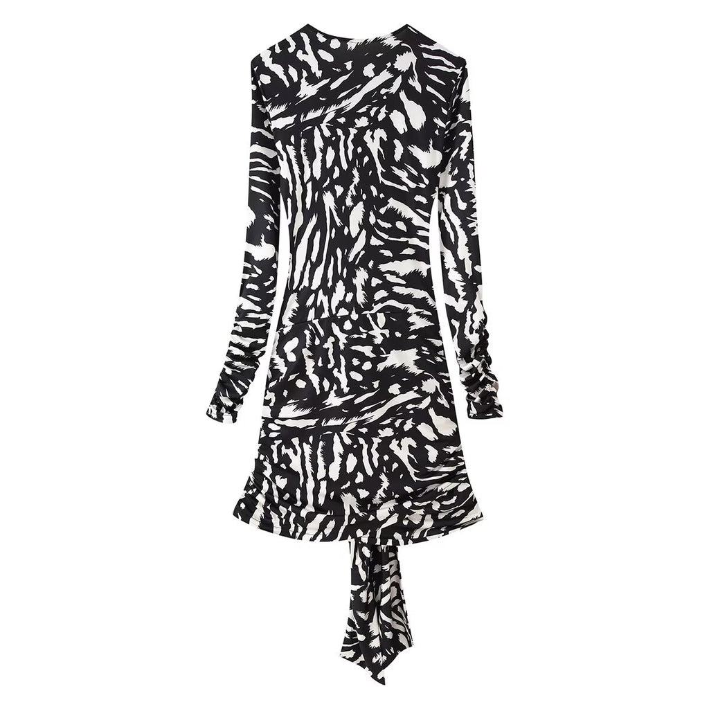 Zebra Print Tassel V neck Long Sleeve Short Dress Summer Women Waist Dress
