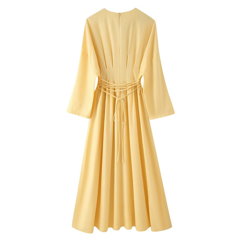 Summer Women Clothing Tumeric round Collar Waist Slimming Pleated A line Long Sleeve Dress