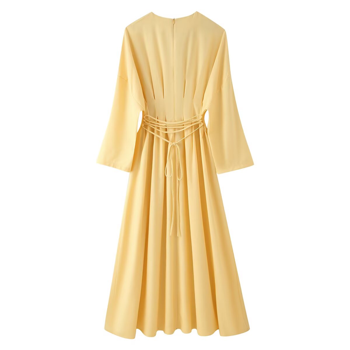 Summer Women Clothing Tumeric round Collar Waist Slimming Pleated A line Long Sleeve Dress